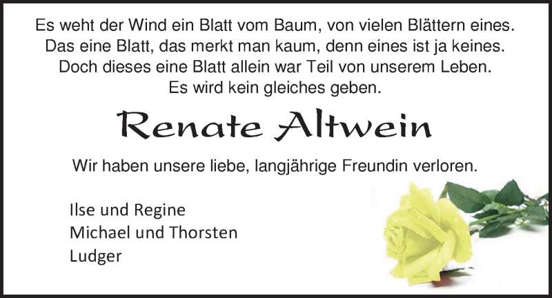  Traueranzeige für Renate Altwein vom 07.09.2015 aus Nordwest-Zeitung