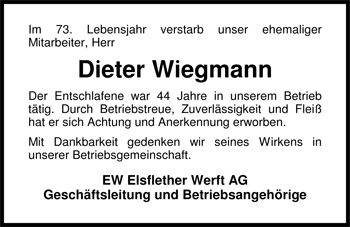 Traueranzeige von Dieter Wilhelm Wiegmann von Nordwest-Zeitung