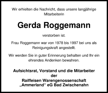 Traueranzeige von Gerda Roggemann von Nordwest-Zeitung