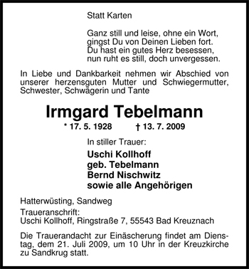 Traueranzeige von Irmgard Tebelmann von Nordwest-Zeitung