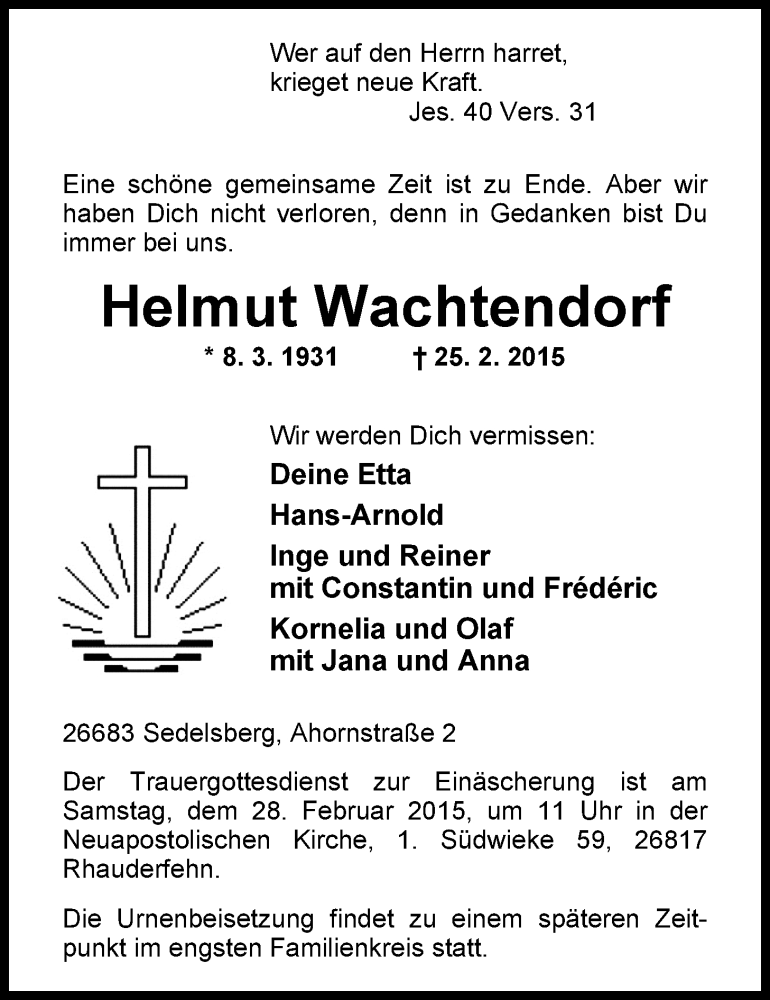  Traueranzeige für Helmut Wachtendorf vom 26.02.2015 aus Nordwest-Zeitung