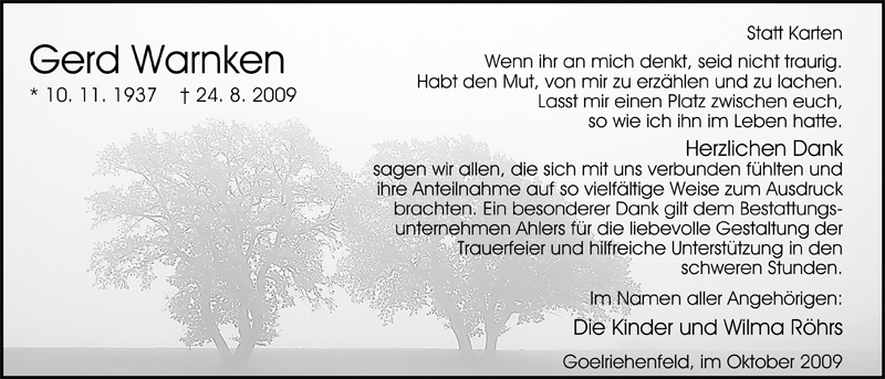  Traueranzeige für Gerd Warnken vom 10.10.2009 aus Nordwest-Zeitung