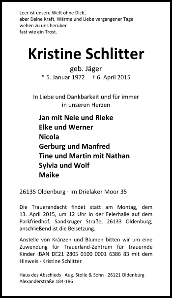 Traueranzeige von Kristine Schlitter von Nordwest-Zeitung