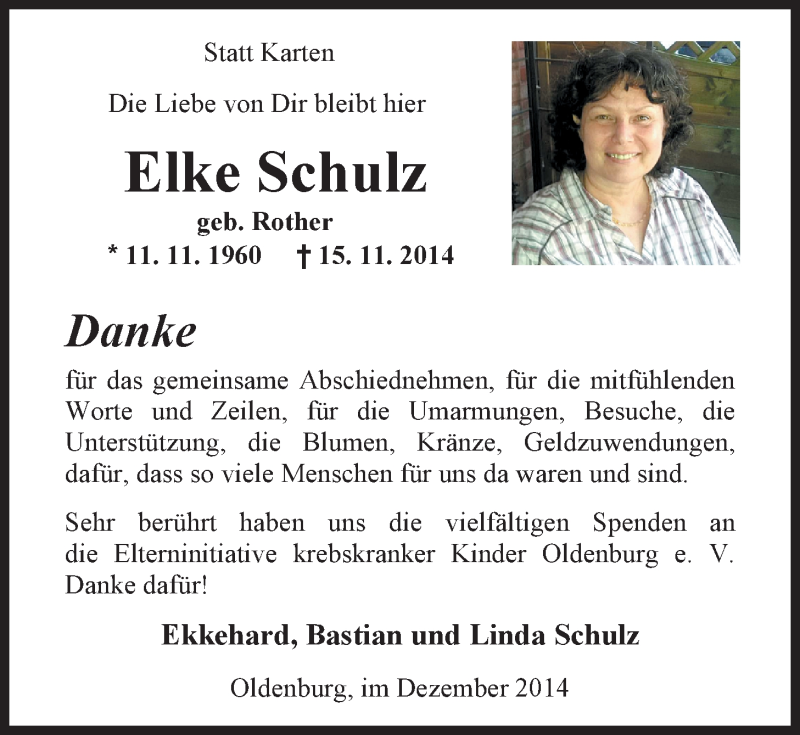  Traueranzeige für Elke Schulz vom 20.12.2014 aus Nordwest-Zeitung
