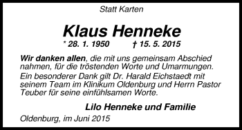 Traueranzeige von Klaus Henneke von Nordwest-Zeitung