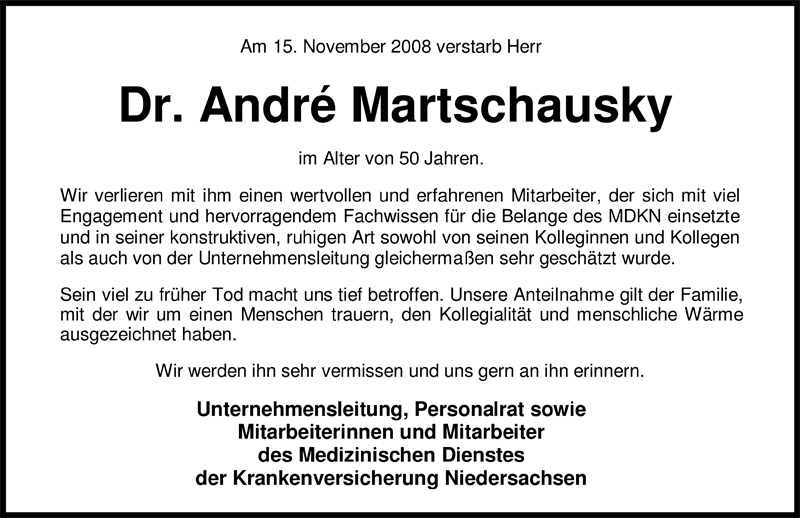  Traueranzeige für André Martschausky vom 22.11.2008 aus Nordwest-Zeitung