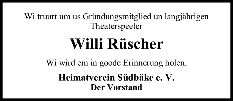  Traueranzeige für Willi Rüscher vom 05.03.2009 aus Nordwest-Zeitung