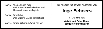 Traueranzeige von Inge Fehners von Nordwest-Zeitung