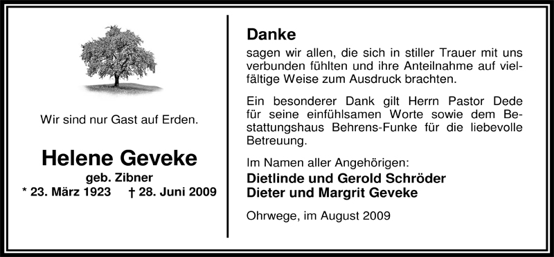  Traueranzeige für Helene Geveke vom 01.08.2009 aus Nordwest-Zeitung