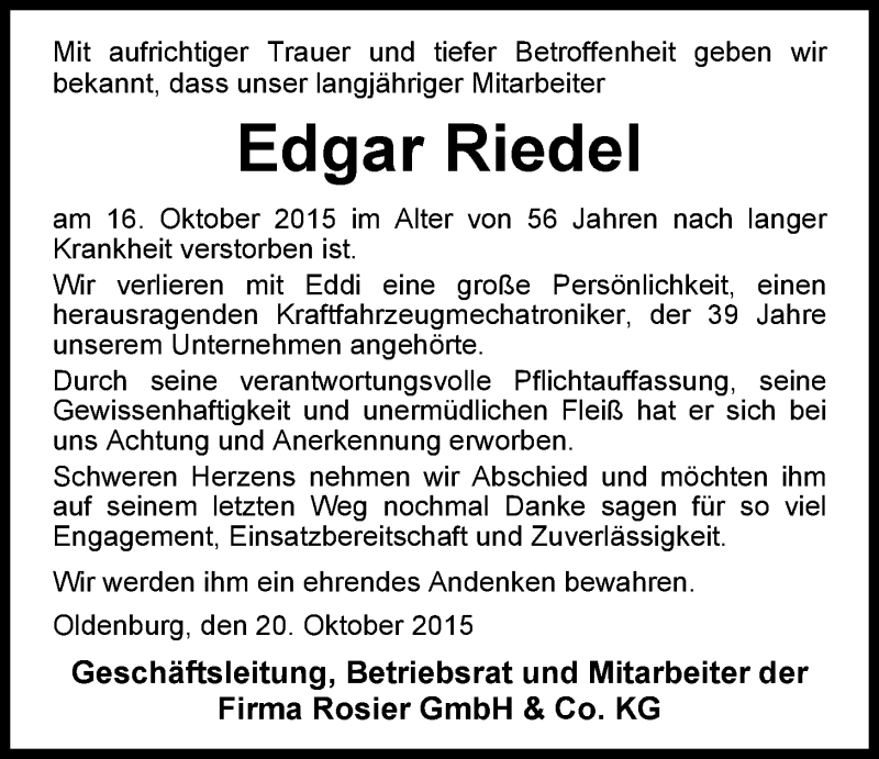  Traueranzeige für Edgar Riedel vom 20.10.2015 aus Nordwest-Zeitung