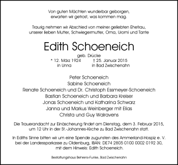 Traueranzeige von Edith Schoeneich von Nordwest-Zeitung