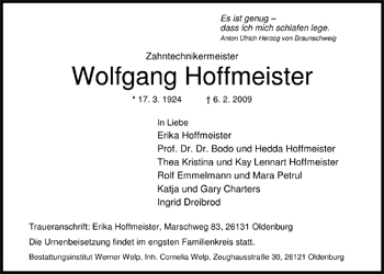 Traueranzeige von Wolfgang Hoffmeister von Nordwest-Zeitung