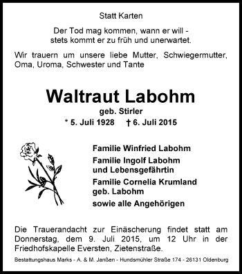 Traueranzeige von Waltraut Labohm von Nordwest-Zeitung
