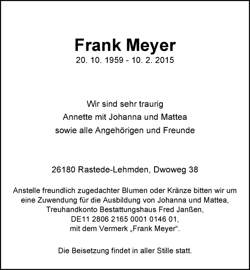  Traueranzeige für Dr. Frank Meyer vom 16.02.2015 aus Nordwest-Zeitung