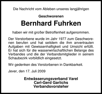 Traueranzeige von Bernhard Fuhrken von Nordwest-Zeitung