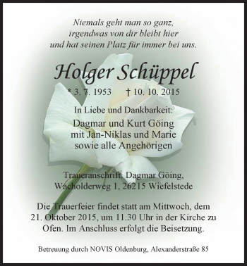 Traueranzeige von Holger Schüppel von Nordwest-Zeitung
