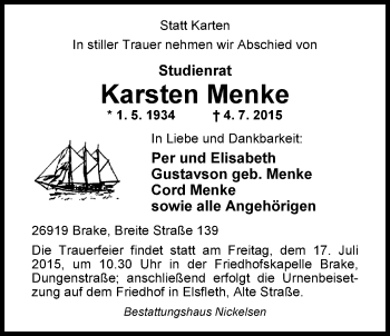 Traueranzeige von Karsten Menke von Nordwest-Zeitung
