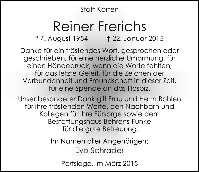  Traueranzeige für Reiner Frerichs vom 07.03.2015 aus Nordwest-Zeitung