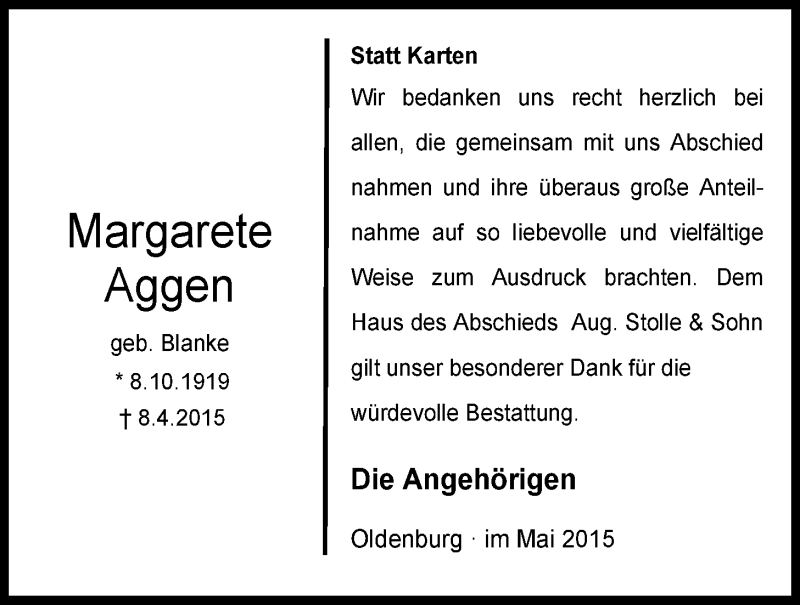  Traueranzeige für Margarete Aggen vom 09.05.2015 aus Nordwest-Zeitung