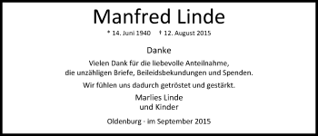 Traueranzeige von Manfred Linde von Nordwest-Zeitung