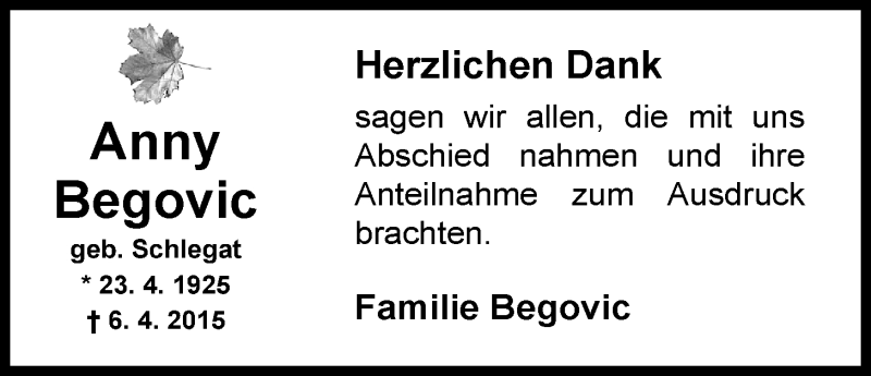  Traueranzeige für Anny Begovic vom 09.05.2015 aus Nordwest-Zeitung