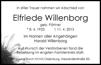 Traueranzeige von Elfriede Willenborg von Nordwest-Zeitung