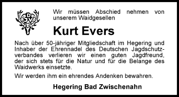 Traueranzeige von Kurt Evers von Nordwest-Zeitung