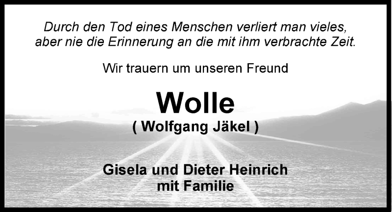  Traueranzeige für Wolfgang Jäkel vom 21.05.2015 aus Nordwest-Zeitung