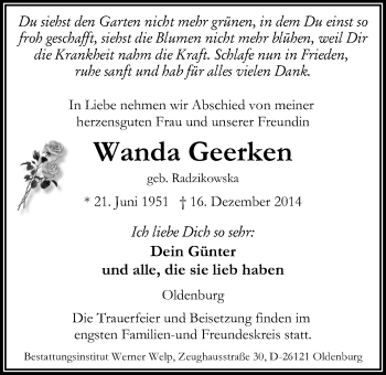 Traueranzeige von Wanda Geerken von Nordwest-Zeitung