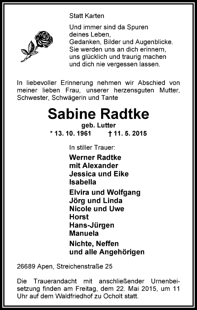  Traueranzeige für Sabine Radtke vom 13.05.2015 aus Nordwest-Zeitung