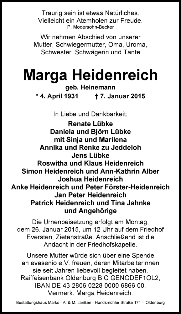  Traueranzeige für Marga Heidenreich vom 17.01.2015 aus Nordwest-Zeitung