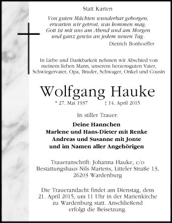 Traueranzeige von Wolfgang Hauke von Nordwest-Zeitung