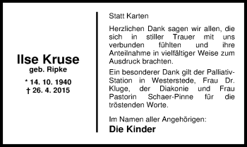 Traueranzeige von Ilse Kruse von Nordwest-Zeitung