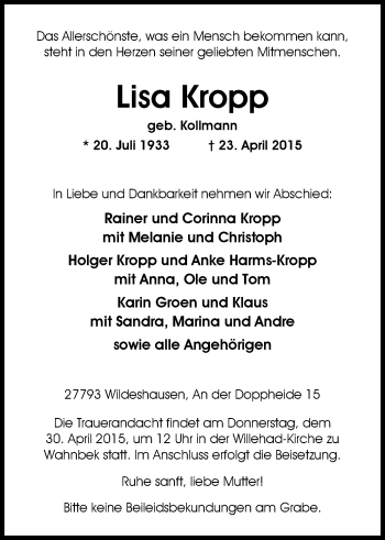 Traueranzeige von Lia Kropp von Nordwest-Zeitung