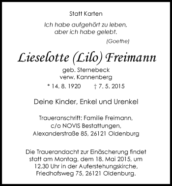 Traueranzeige von Lieselotte Freimann von Nordwest-Zeitung