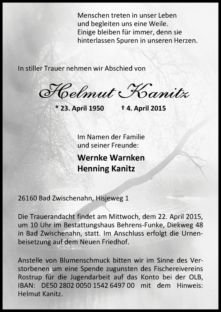  Traueranzeige für Helmut Kanitz vom 18.04.2015 aus Nordwest-Zeitung