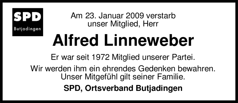  Traueranzeige für Alfred Linneweber vom 27.01.2009 aus Nordwest-Zeitung