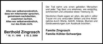 Traueranzeige von Berthold Zingrosch von Nordwest-Zeitung