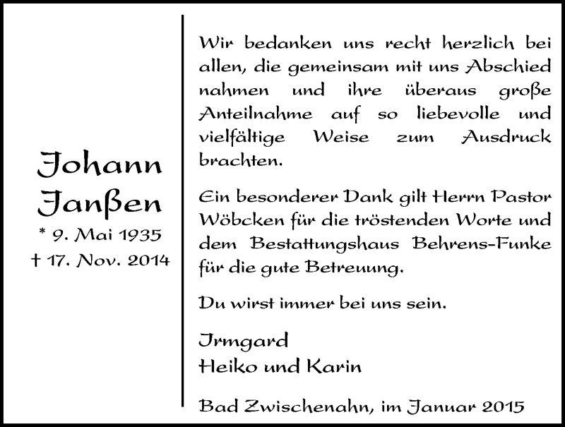  Traueranzeige für Johann Janßen vom 03.01.2015 aus Nordwest-Zeitung