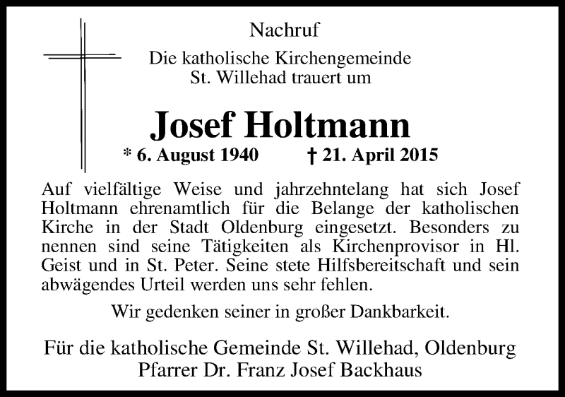  Traueranzeige für Josef Holtmann vom 30.04.2015 aus Nordwest-Zeitung