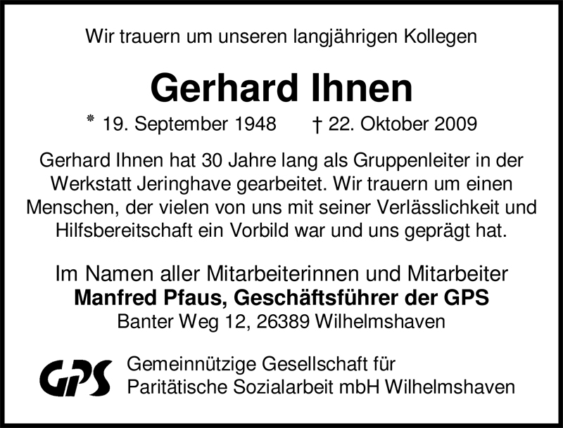  Traueranzeige für Gerhard Ihnen vom 27.10.2009 aus Nordwest-Zeitung