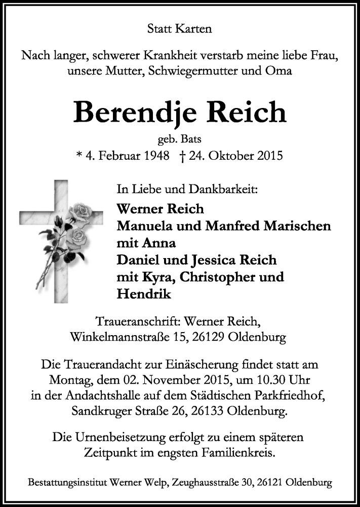  Traueranzeige für Berendje Reich vom 29.10.2015 aus Nordwest-Zeitung