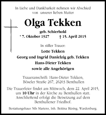 Traueranzeige von Olga Tekken von Nordwest-Zeitung