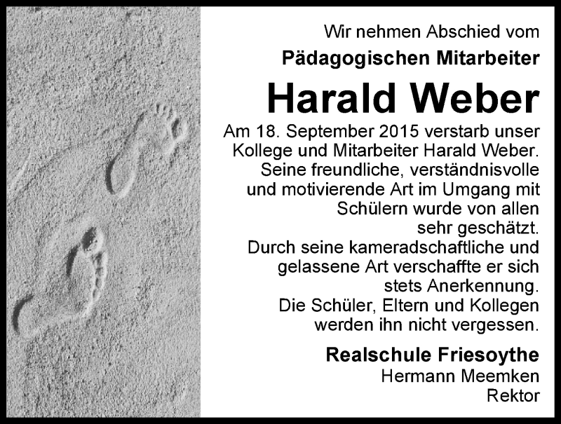  Traueranzeige für Harald Weber vom 22.09.2015 aus Nordwest-Zeitung
