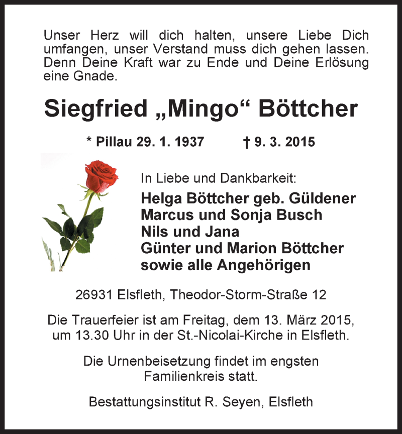 Traueranzeige für Siegfried Böttcher vom 10.03.2015 aus Nordwest-Zeitung