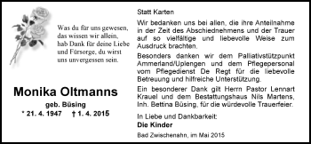 Traueranzeige von Monika Oltmanns von Nordwest-Zeitung