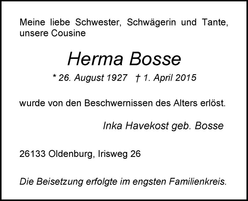  Traueranzeige für Herma Bosse vom 09.04.2015 aus Nordwest-Zeitung