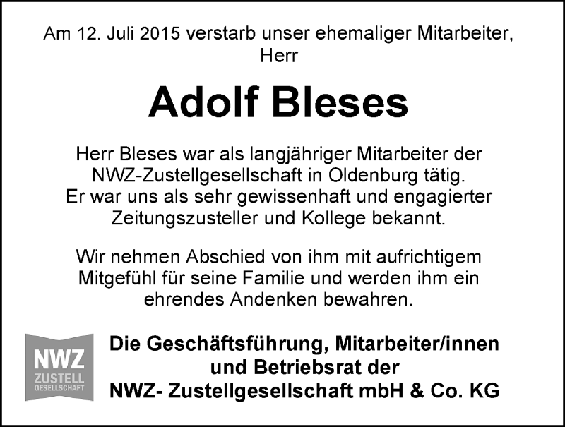  Traueranzeige für Adolf Bleses vom 18.07.2015 aus Nordwest-Zeitung