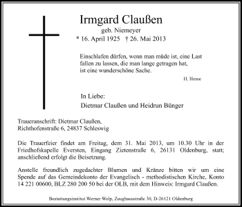 Traueranzeige von Irmgard Claußen von Nordwest-Zeitung