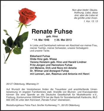 Traueranzeige von Renate Fuhse von Nordwest-Zeitung